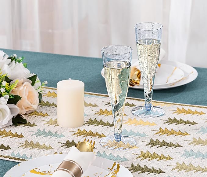 JOLLY CHEF 100 Pack Plastic Champagne Flutes Disposable 4.5 oz Blue Glitter Plastic Champagne Glasses Suitable for Wedding, Thanksgiving Day, Christmas