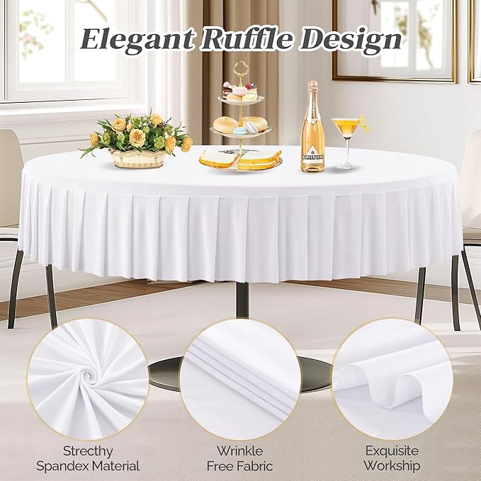 8 Pack White Spandex Round Tablecloths for 60 inch Tables, Stretchy Fitted 5FT Round Table Cloths,Wrinkle Free Table Cover with Skirt for Wedding Party Dining Banquet