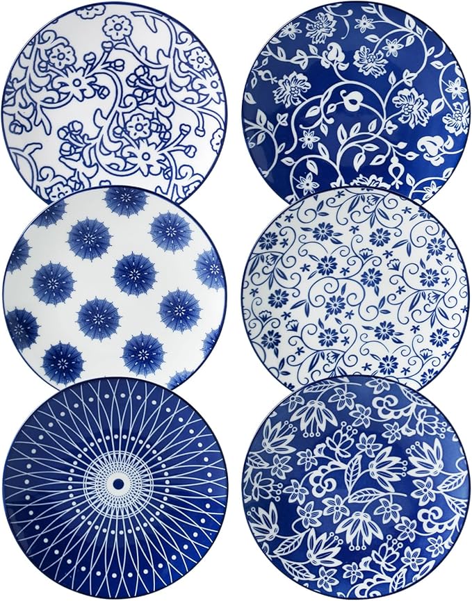 Ceramic Dessert Plates Set - 6 Inch Mini Appetizer Plates for Kitchen - Small Salad Plate for Cake Snacks Side Dish, Microwave Dishwasher Safe, Gift, Vintage Blue