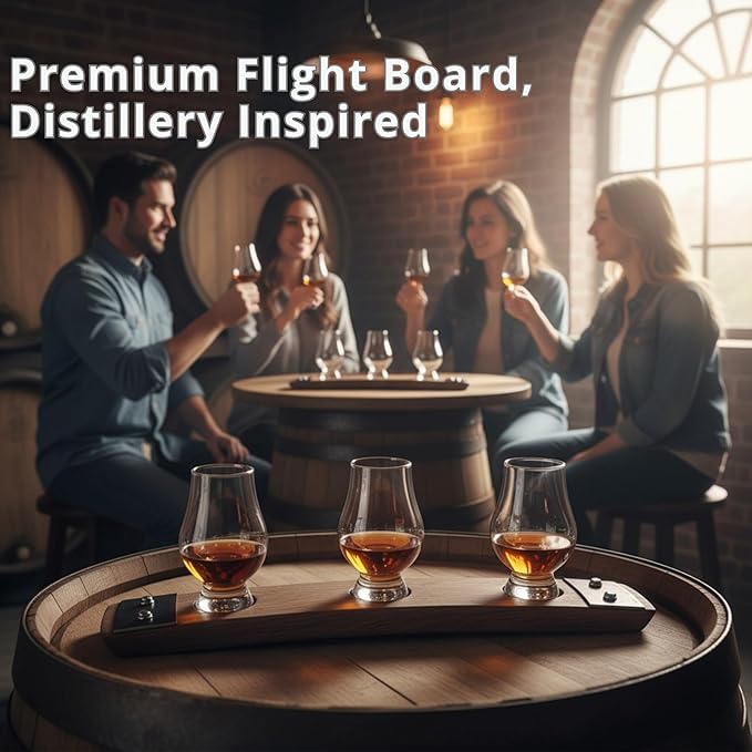 Premium Barrel Stave Whiskey Flight, includes 3 Crystal Glencairn Glasses (Natural with Glass)