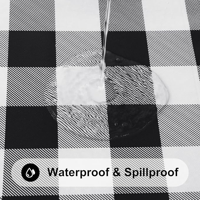 Smiry Square Picnic Table Cloth, Elastic Waterproof Fitted Vinyl Tablecloths, Flannel Backed Buffalo Plaid Table Covers for Dining, Camping, Outdoor (Black and White, 34" x 34")