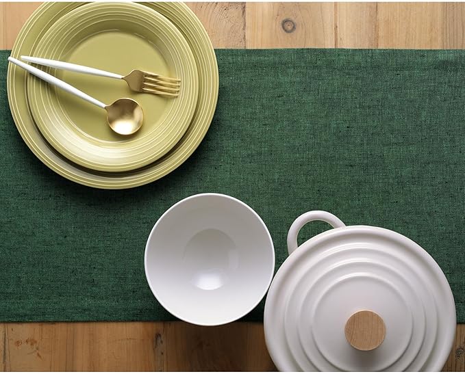 Solino Home Linen Table Runner 132 Inches Long - Athena, 100% Pure Linen Forest Green 14 x 132 Inch Table Runner for Dining, Winter, Easter, St Patricks Day