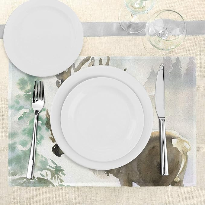 Ambesonne Antlers Place Mats Set of 4, Moose in Winter Forest Wildlife Reindeer Christmas Theme Watercolor Painting Style, Washable Fabric Placemats for Dining Table, Standard Size, Warm Taupe Green