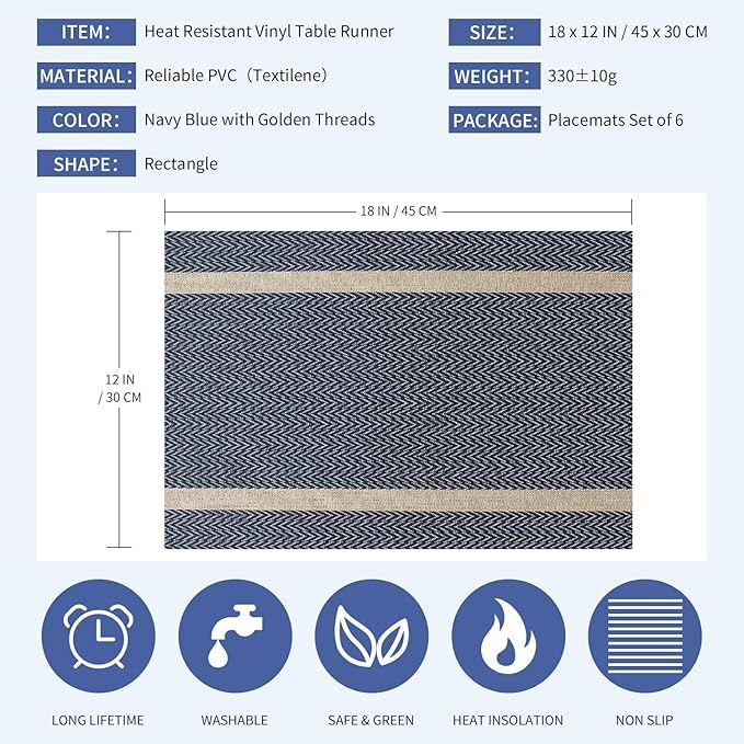 FAVE Placemats Set of 8 Blue Placemats Woven with Golden Thread Durable and Wipeable Vinyl Placemats Table Mats Set of 8 for Wedding, Banquet, Birthday, Party, Restaurant (Blue, 12"x18"-8PCS)