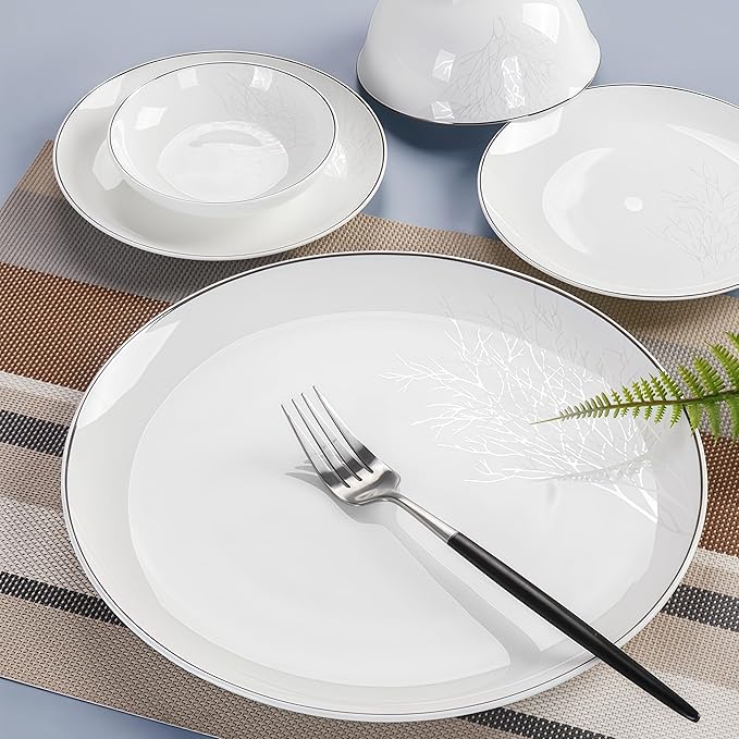 Fine Bone China Dinnerware Set,Porcelain&Ceramic Dinnerware Sets,Bone Stoneware&Ceramic Cookware Tableware Set Includes Dinner Plates|Spoons|Pasta Bowls|Soup Pot|Chopsticks (16PCS * 4-Person Set)