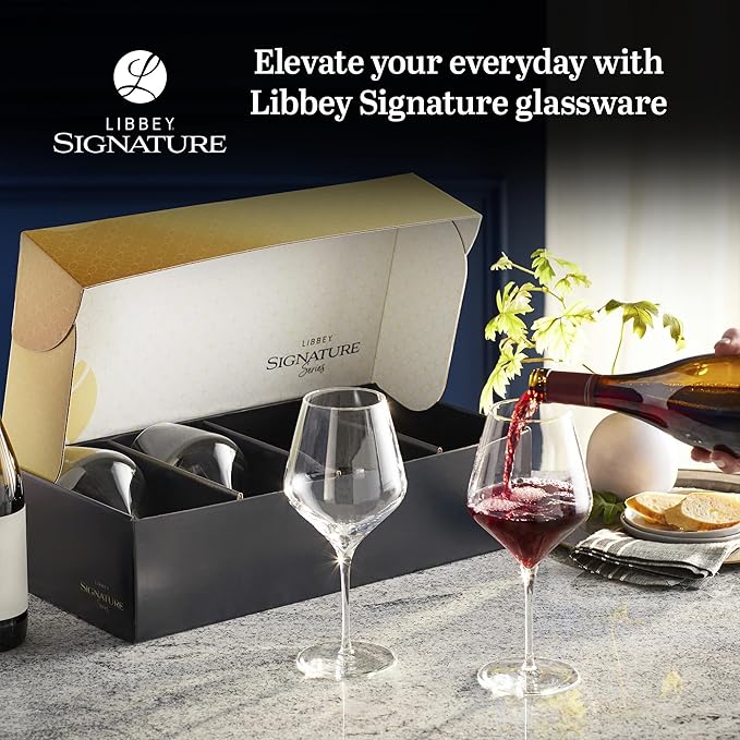 Libbey Signature Greenwich Wine Glass Gift Set, 24 Oz Angular Red Wine Glasses Set of 4 with Pulled Stem, Stemware Glasses for Cocktails, and More