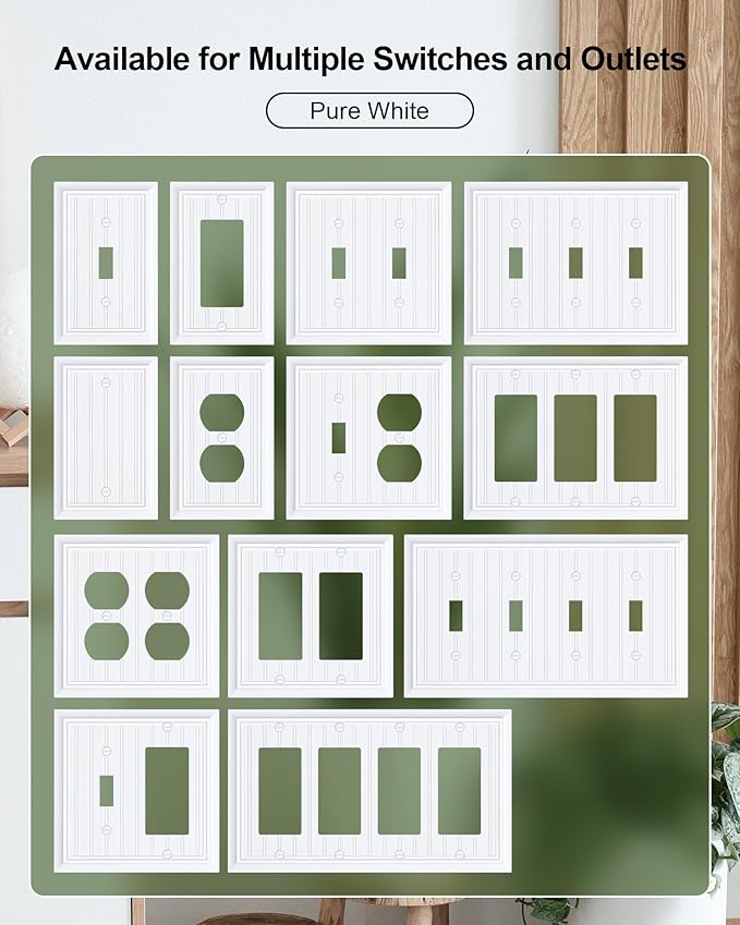 4-Pack Classic Beadboard Single Toggle Light Switch Cover Plate, Durable Natural Bamboo Fiber Decorative Switch Plate Covers, Pure White 1 Gang Wall Plate