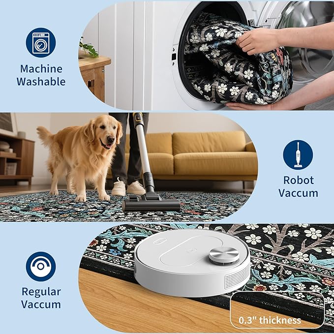 GarveeHome 4x6 Washable Area Rug for Living Room, Floral Large Entryway Kitchen Rug Non Slip, Ultra Soft Stain Resistance Carpet for Bedroom Laundry Room, Black