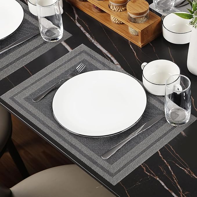 Placemats Set of 4,Washable,Heat and Stain Resistant Indoor/Outdoor Place mats,Vinyl Woven Non Slip Table Mats for Restaurant Table Protection,PVC Placemats(Black Gold,4PCS)
