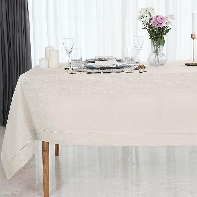 D'Moksha Homes Light Natural Linen Tablecloth for Rectangle Tables 60 x 84 Inch - Classic Hemstitch 100% Pure Linen Natural Table Cloth - Machine Washable Dining Tablecloth for Valentines, Easter