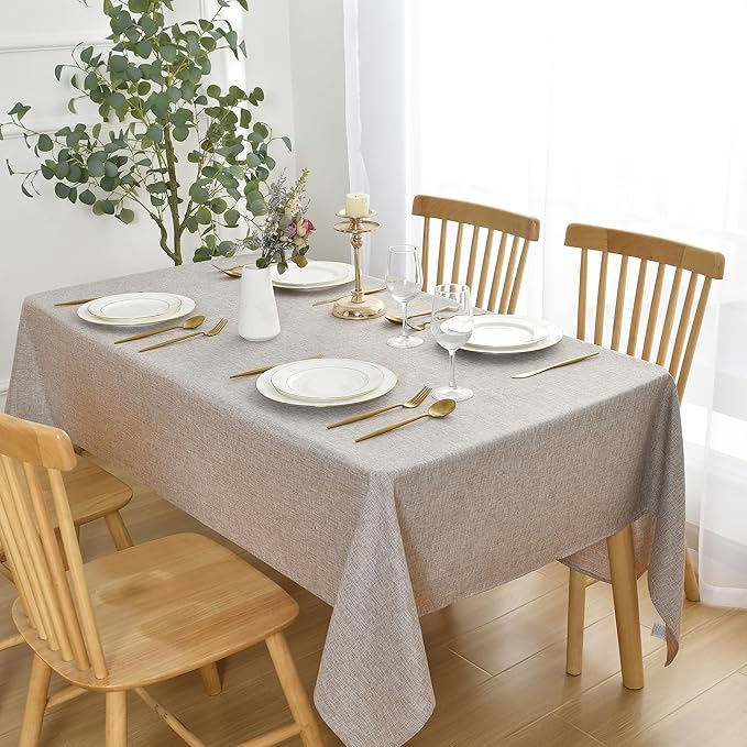 JIUZHEN Faux Linen Farmhouse Tablecloth Rectangular, Wrinkle Stain Resistant Table Cloth Rectangle Table Cover for Kitchen Dining, Holiday Party Dinner, Stone, 60 x 140 Inch