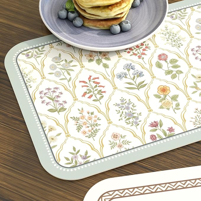 ISAENNE Vintage Floral PVC Placemats Set of 6,Colorful Flower Rectangle Place Mats, Waterproof and Heat-Resistant,Decoration for Kitchen,Dinning,Parties, Holiday,12"*17"