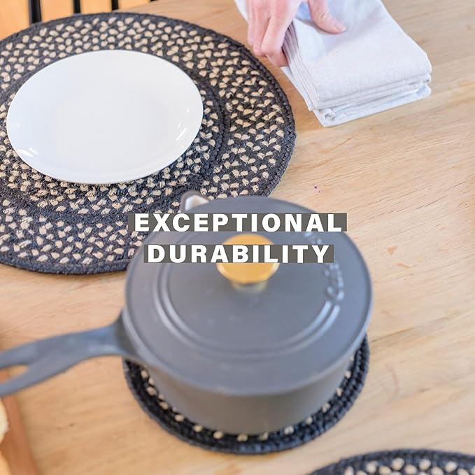 Homespice Manchester Jute Braided Rope Coasters 4", Country Primitive Decor, Set of 6, Black and Tan - Durable, Absorbs Moisture, Easy to Clean and Protects Furniture