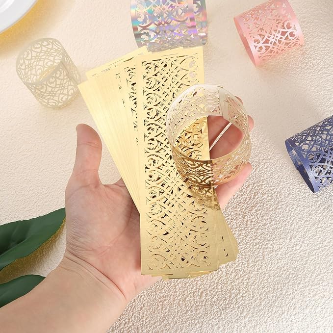 uxcell 150Pcs Napkin Rings Laser Cut Foil Paper, Napkin Holder Hollow Napkin Bands for Weddings Party Serviette Table Decoration Restaurant (Reflective Silver Tone, 6.7 x 2)