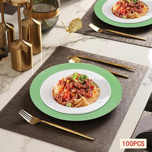 100 PCS Antique Charger Plates, Vintage Round Plastic Dinner Plates with Textured Edges, Stackable Tabletop Chargers for Weddings Parties Restaurants (Green)
