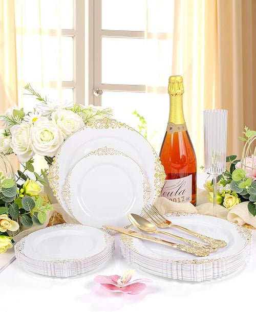 102PCS White and Gold Plastic Plates - Heavy Duty Gold Disposable Plates Include 51PCS 7.5inch Dessert Plates, 51PCS 10.25inch Dinner Plates for Wedding & Parties