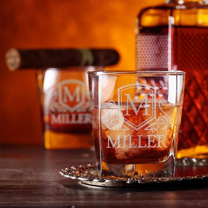 Customization Mill Set of 3, Monogrammed Whiskey Rocks Glasses w/ Name & Initial - Gifts for Men 9 Designs Personalized Bourbon Custom Birthday Dad, Old Fashioned Scotch