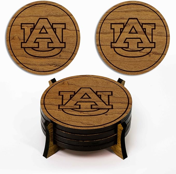 LazerEdge Auburn Tigers Wooden Coaster Set - Cherry Wood - Officially Licensed Product - 4-Pack
