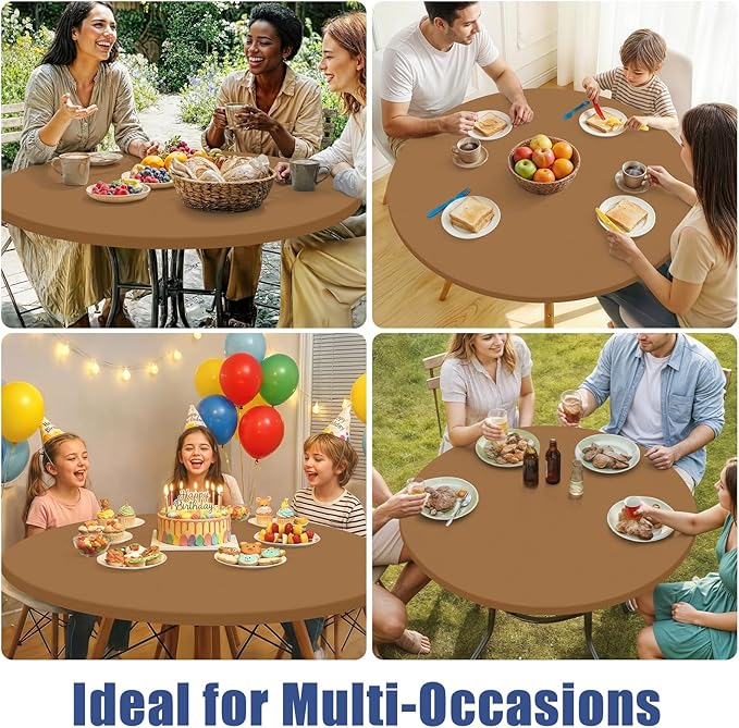 Round Spandex Tablecloth, Elastic Fitted Waterproof Tablecloths for 31"-35" Tables, Stretch Washable Picnic Table Cover for Camping, Dining, Indoor and Outdoor,Brown