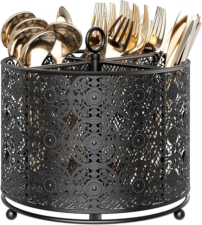 360° Rotating Utensil Caddy Countertop - Cutlery Silverware Caddy Holder with 4 Compartment - Higher Raised Flatware Organizer with Handle for Party Kitchen Counter Office Black