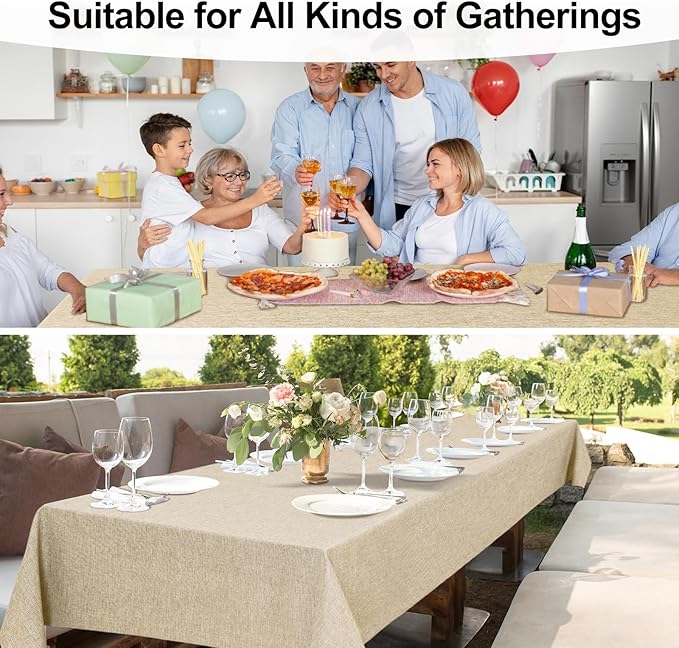JIUZHEN Rectangle Table Cloth Faux Linen Farmhouse Tablecloth Wrinkle and Stain Resistant Decorative Fabric Table Cover for Kitchen, Dining Room, Parties and Camping, Beige, 60 x 140 Inch