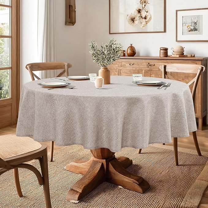JIUZHEN Round Table Cloth Faux Linen Farmhouse Tablecloth Wrinkle and Stain Resistant Decorative Fabric Table Cover for Kitchen, Dining Room, Parties and Camping, Stone, 90 Inch Round
