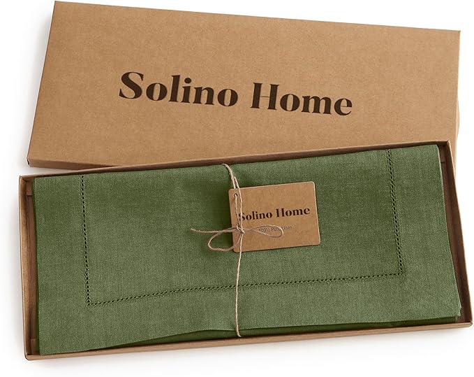 Solino Home Linen Olive Table Runner 72 Inches Long - 100% Pure Linen Hemstitch Table Runner 14 x 72 Inch for Dresser, Dining, St Patricks Day - Classic Hemstitch