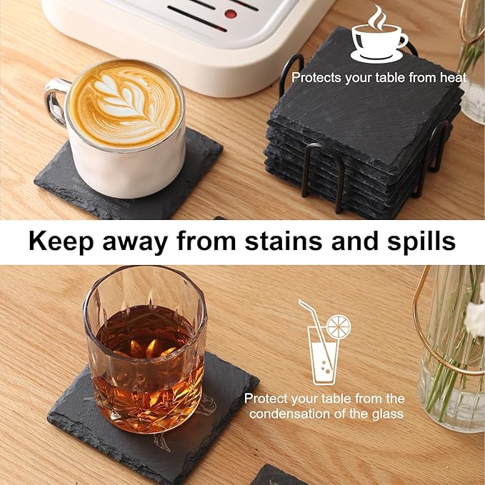 Slate Coasters Set of 12,4-Inch Black Square Stone Drink Coasters with Scratch-Resistant Backing,Durable Tabletop Protection for Home Office Kitchen,Ideal Housewarming Wedding Gifts