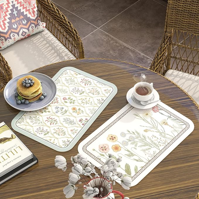 ISAENNE Vintage Floral PVC Placemats Set of 6,Colorful Flower Rectangle Place Mats, Waterproof and Heat-Resistant,Decoration for Kitchen,Dinning,Parties, Holiday,12"*17"