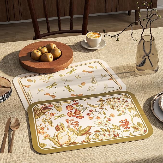 ISAENNE Dragonfly Print PVC Placemats Set of 6,Rectangular Green Placemat, Waterproof and Heat-Resistant Floral Pattern,Decoration for Kitchen,Dinning,Parties, Holiday,12"*17"