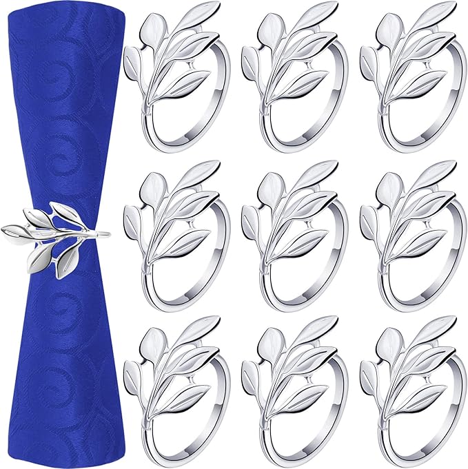Hotop 100 Pcs Leaf Napkin Rings Set Silver Metal Napkins Rings Holders Bulk Glossy Table Adornment for Vintage Wedding Bridal Thanksgiving Christmas Holidays Fall Dinner Party Decoration Favors