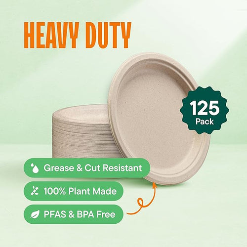 100% Compostable Paper Plates, Heavy Duty Disposable Plates [125-Pack] 9 Inch Plates - Eco-Friendly, Biodegradable Sugarcane Bagasse, Natural Unbleached Brown 9" Dinner Paper Plate Disposable