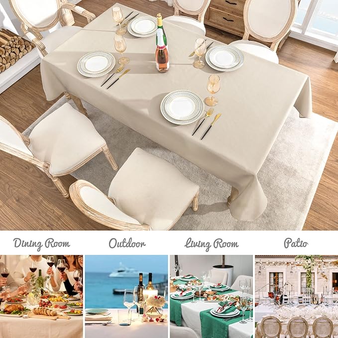 Rectangle 10 Feet Tablecloth 60x144 inch Linen Textured Table Cloth Stain and Wrinkle Resistant Washable Polyester, Decorative Table Cover Waterproof for Dining, Buffet and Camping, Beige