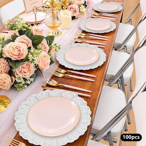 100 Pcs Antique Charger Plates Bulk, 13in Reusable Serving Plates Embossed Rim Plastic Party Dinner Plate Chargers Round Decorative Server Plate for Wedding Party Event Tableware