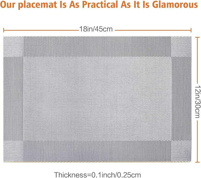 Placemats Set of 12,Washable,Heat and Stain Resistant Indoor/Outdoor Place mats,Vinyl Woven Non Slip Table Mats for Restaurant Table Protection,PVC Placemats(Silver,12PCS)