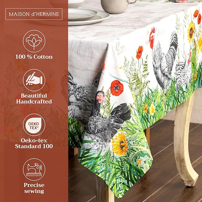 Maison d' Hermine Table Cloth Square Table 100% Cotton 54 x 54 Inches Tablecloth Reusable Decorative for Dining Room Farmhouse Home Valentines Day Decorations Spring Summer - Basse Cour