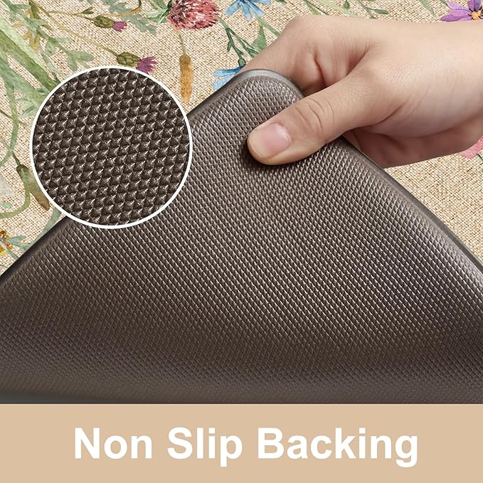 KIMODE Anti Fatigue Mats for Kitchen Floor 17"x59"+17"x29", Farmhouse Floral Kitchen Rugs, Cushioned Memory Foam Kitchen Mats, Comfort Standing Mat for Laundry, Office, Sink, Desk Brown