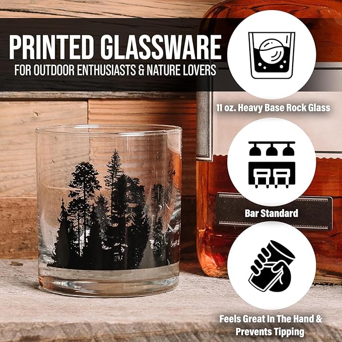 Black Lantern Forager Whiskey Glass Set Set of 2 11oz Old Fashioned Tumblers with Mushroom & Forest Campsite Design | Gift Box Included