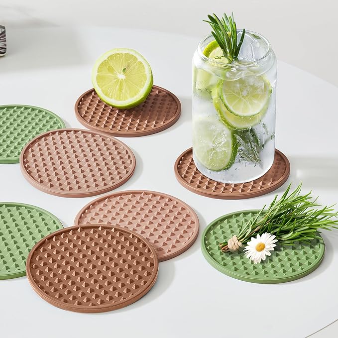 Coasters for Drinks, Silicone Coasters Set of 16 with Metal Holder, Outdoor Coaster for Coffee Table, Non-Slip Rubber Table Cup Mat Desk, Heat Resistant & Scratch-Proof (Tawny)