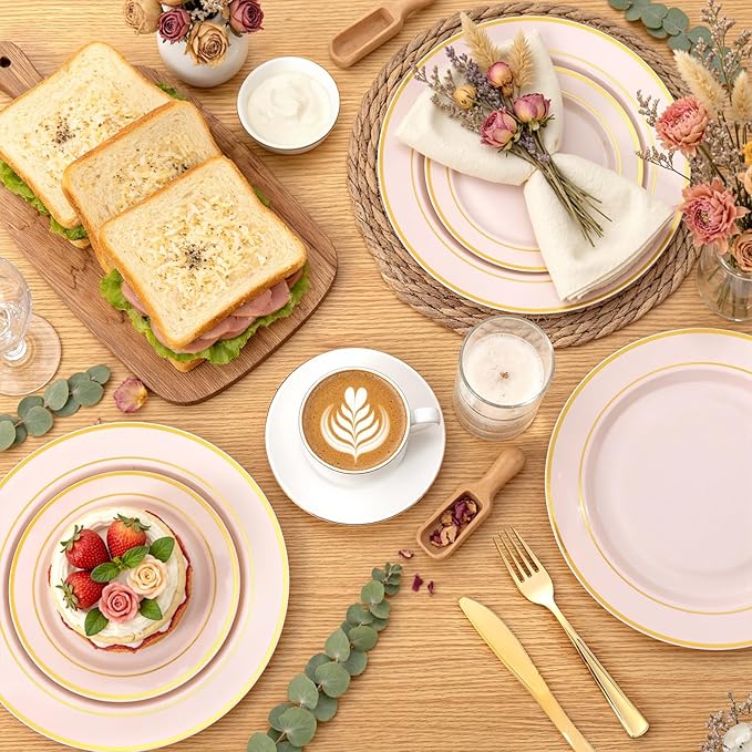 175PCS Pink plastic Plates - Pink Disposable Plates 25Guests Disposable Dinnerware Sets with Rolled Napkins for Wedding/Birthday/Easter/Baby Shower