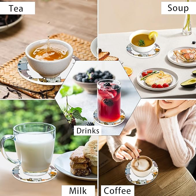 Cute Cat Dog Set of 6 Coasters for Drinks Absorbing Round Ceramic Stone Coaster with Cork Base,Tabletop Protection Mat for Mugs and Cups,Office,Kitchen