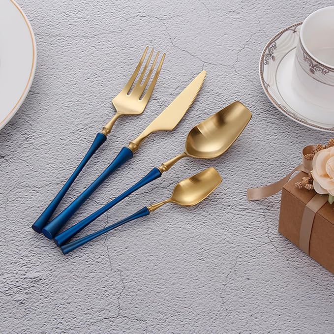 32 Piece Gold Silverware Set for 8 Durable 18/8 Stainless Steel Flatware Set Slim Waist Blue Handles Cutlery Set Include Spoons Knifes Forks Kitchen Wedding Restaurant ZILNEHZ