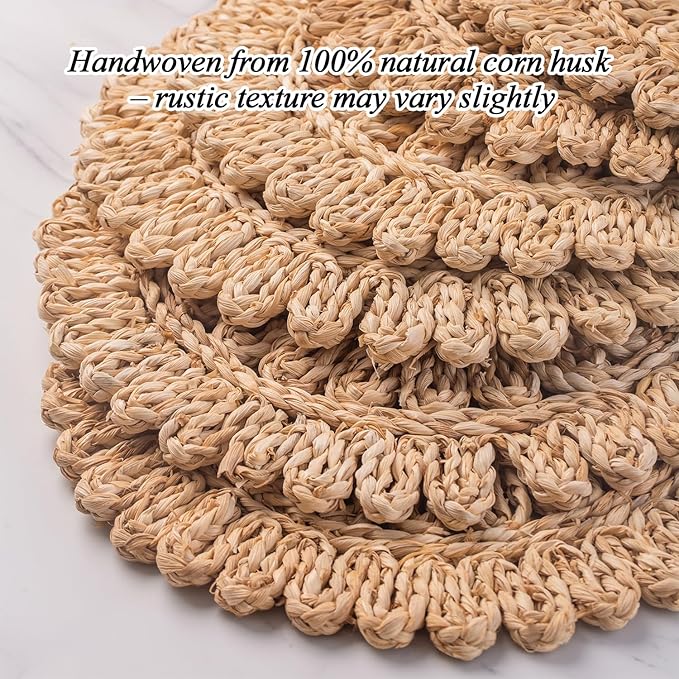 13.8" Set of 12 Round Corn Husk Placemats | Boho Wovean Rattan Table Mats | Farmhouse Wicker Spring Plate Chargers Like Water Hyacinth, Seagrass Table Mats