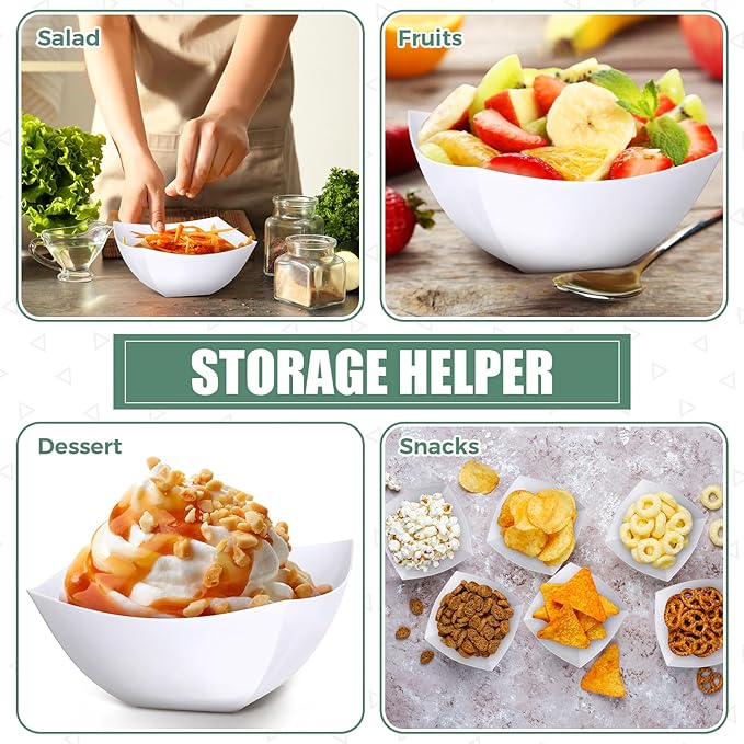 Tanlade 50 Pcs Square Plastic Serving Bowls Disposable Snack Salad Bowl Small Party Candy Bar Containers Taco Bar Serving Dishes for Buffet Chips Fruit(White,8 oz)