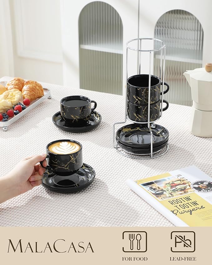 MALACASA 8 OZ Porcelain Espresso Cups with Saucers and Metal Stand Set of 4, Stackable Cappuccino Cups, Marble Black Expresso Shots Cup Set for Coffee Drinks, Latte, Tea