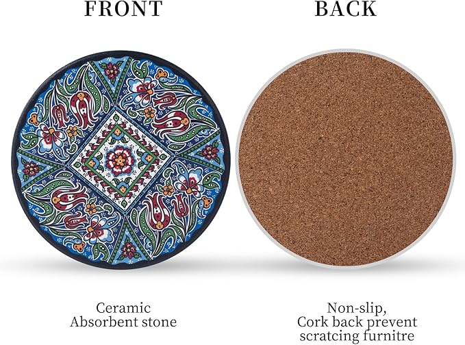 Coasters Absorbent Ceramic Coaster Drink Coasters with Cork Back Turkish Pattern Set of 6 Round Coaster Non Slip for Coffee Table Wine Glass Home Bar 4 Inch, Colorful