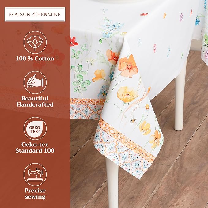Maison d' Hermine Table Cloth Rectangle Table 100% Cotton 54 x 72 Inches Tablecloth Reusable Decorative for Dining Room Farmhouse Home Valentines Day Decorations Spring Summer - Summer Whisper