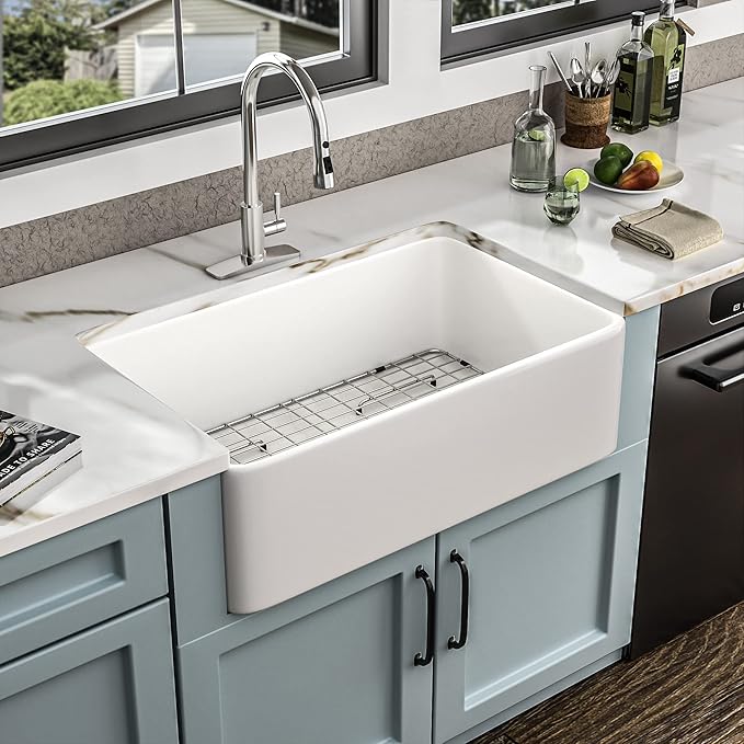 30 Farm Sink White - Fulorni 30"x20" Farmhouse Kitchen Sink Flat Apron Front White Ceramic Porcelain Fireclay Deep Single Bowl Farmer Style Kitchen Basin