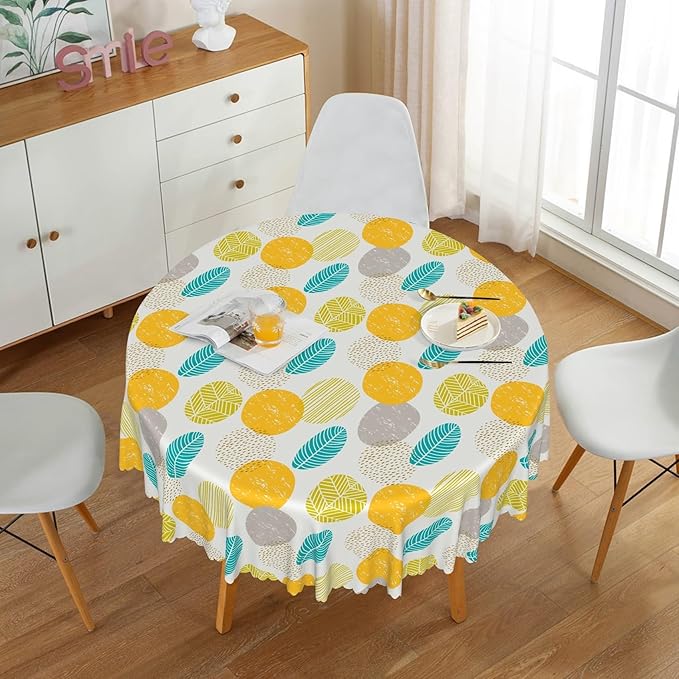 Laeacco 36 Inch Geometric Round Tablecloth Colorful Abstract Oval Leaf Pattern Modern Art Print Table Cloth Washable Waterproof Wrinkle Free Table Cover for Kitchen Dining Picnic Party Decoration