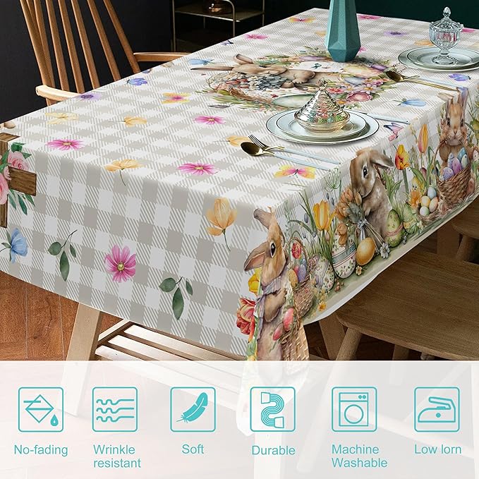 Easter Tablecloth 60 x 120 Inch Rectangle, Easter Bunny Table Cloth Buffalo Check Plaid Kitchen Table Cover for Dining Room Spring Oblong Tablecloth Indoor Decor